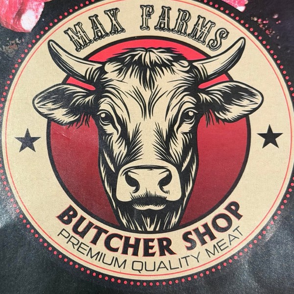 Max Farms Butcher Shop badge logo — woodcut bull head on cream and red